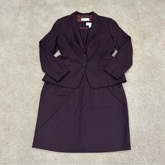 HUGO BOSS Women’s Formal Dark Purple Wool Dress & Blazer Suit Set Size 14 - Picture 1 of 16